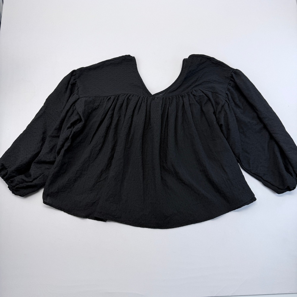 Ces Femme Black Swiss Dot Babydoll Top V-Neck Balloon Sleeve Oversized Blouse